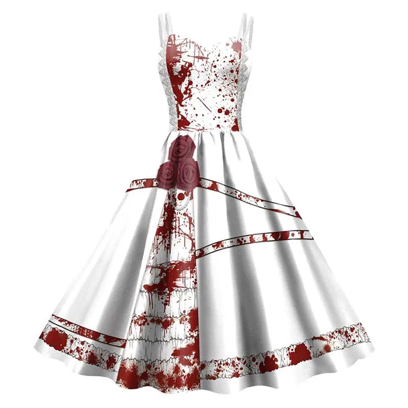 Women’s Halloween Skeleton Rose Dress – Elegant Gothic Print Rockabilly Costume for Carnival, Party, or Christmas Holiday Celebrations
