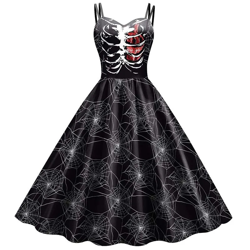 Women’s Halloween Skeleton Rose Dress – Elegant Gothic Print Rockabilly Costume for Carnival, Party, or Christmas Holiday Celebrations