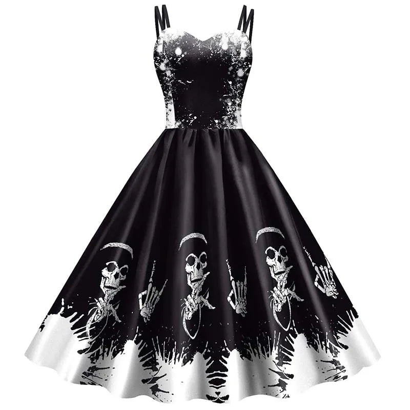 Women’s Halloween Skeleton Rose Dress – Elegant Gothic Print Rockabilly Costume for Carnival, Party, or Christmas Holiday Celebrations