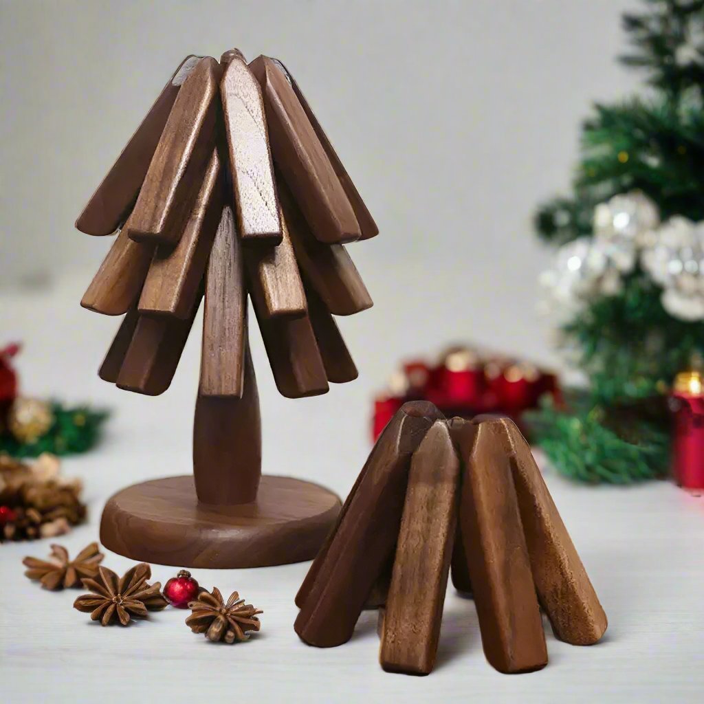 Black Walnut Foldable Christmas Tree Wooden Coasters – Creative Heat-Resistant Pot Mats & Kitchen Décor Accessories