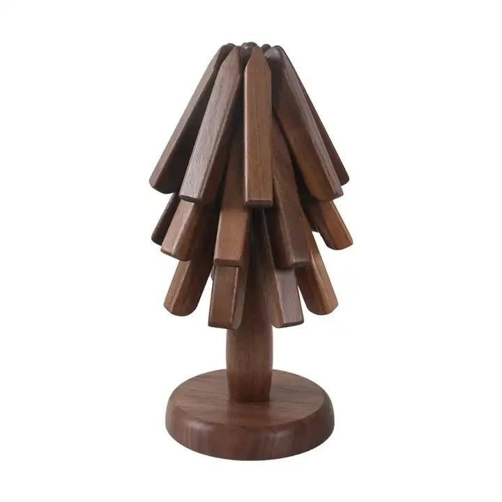 Black Walnut Foldable Christmas Tree Wooden Coasters – Creative Heat-Resistant Pot Mats & Kitchen Décor Accessories