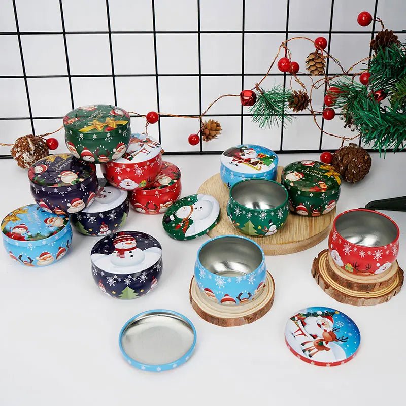 Christmas Candle Round Tin Box Set of 12– Perfect for Candy, Party Decor, or DIY Handmade Candles – Metal Container with Lid (2.2oz)