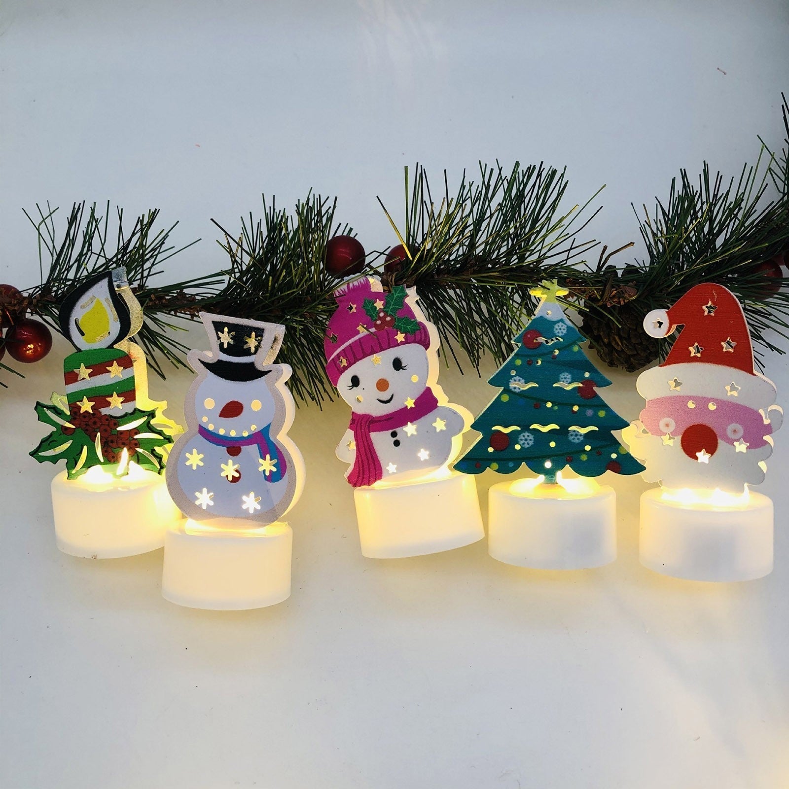 Electronic LED Christmas Candle Lamps - Set of 10 – Adorable Santa, Snowman & Tree Night Lights for Festive Home, Party, & Garden Décor