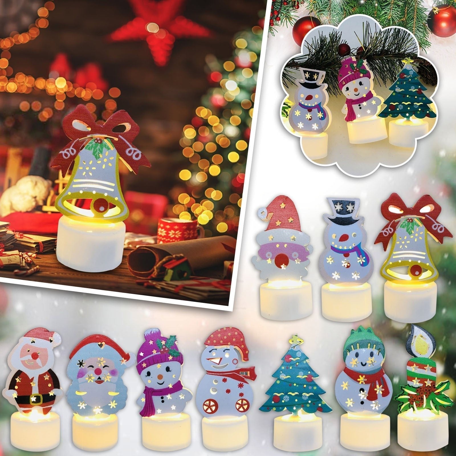 Electronic LED Christmas Candle Lamps - Set of 10 – Adorable Santa, Snowman & Tree Night Lights for Festive Home, Party, & Garden Décor