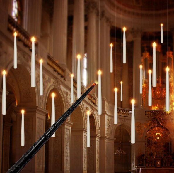 Magical Floating Candles with Wand - Flickering Taper Flameless Hanging Candles for Christmas, Halloween, Birthday Parties, Home Decor, and Gifts