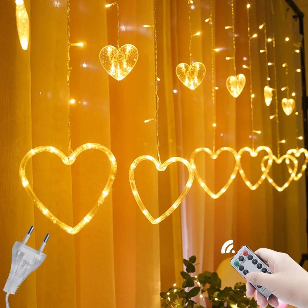 Heart-Shaped LED Curtain Lights – 3.5M Fairy Garland for Valentine’s Day, Weddings, Christmas, and Bedroom Party Decor (220V/110V)