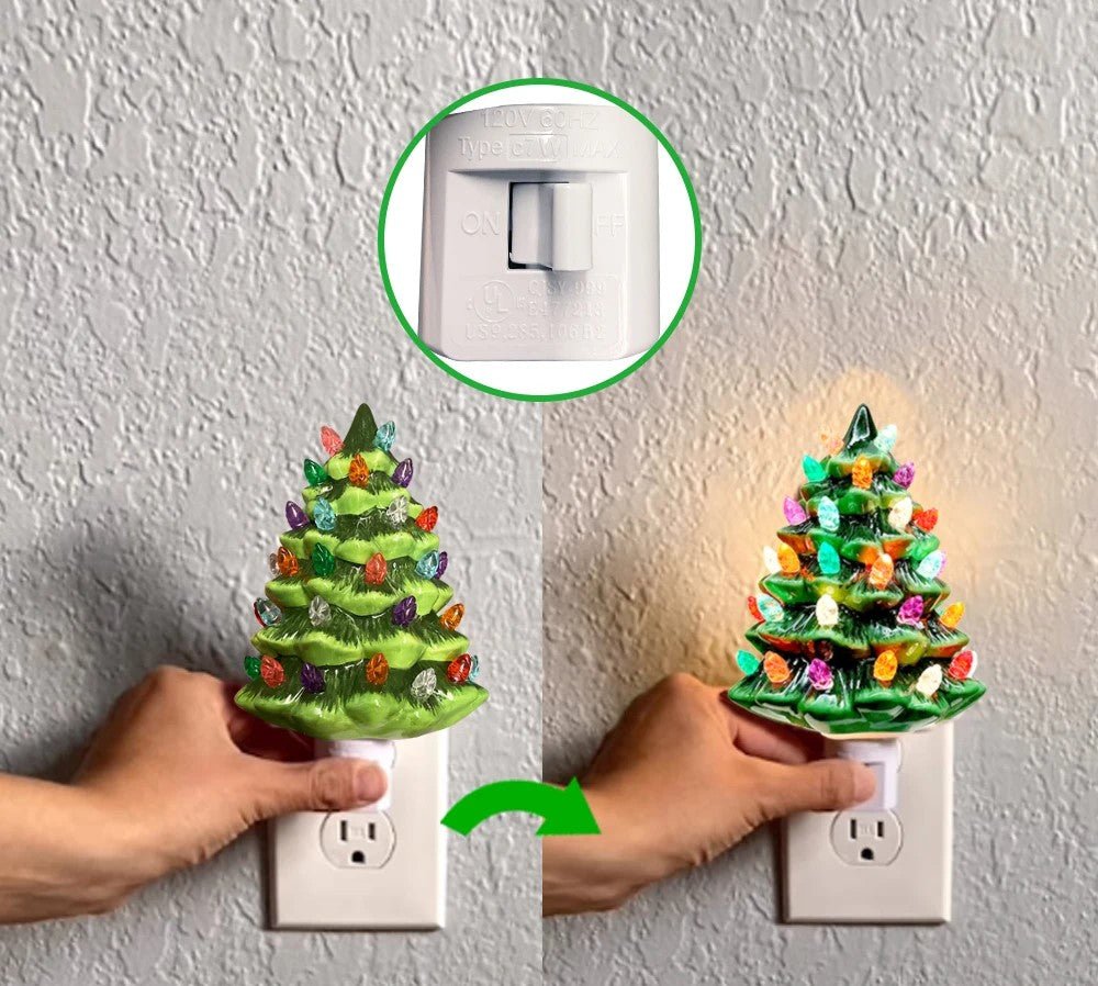 Vintage Ceramic Christmas Tree Night Light – Hand-Painted Plug-In Holiday Glow