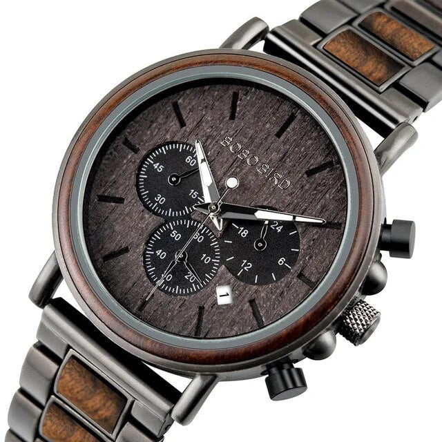 Wood and Metal Strap Watch Quartz Watch