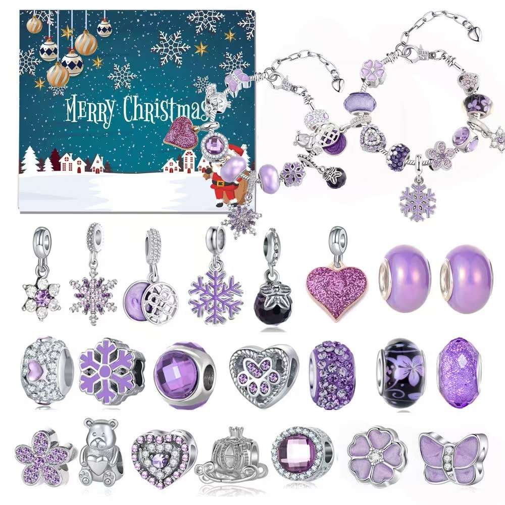 Christmas Advent Calendar Charm Bracelet Set | Purple Snowflakes