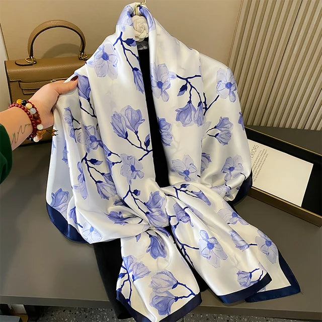 Blue-White Multi-Color Floral Pattern Luxury Women Silk Scarf