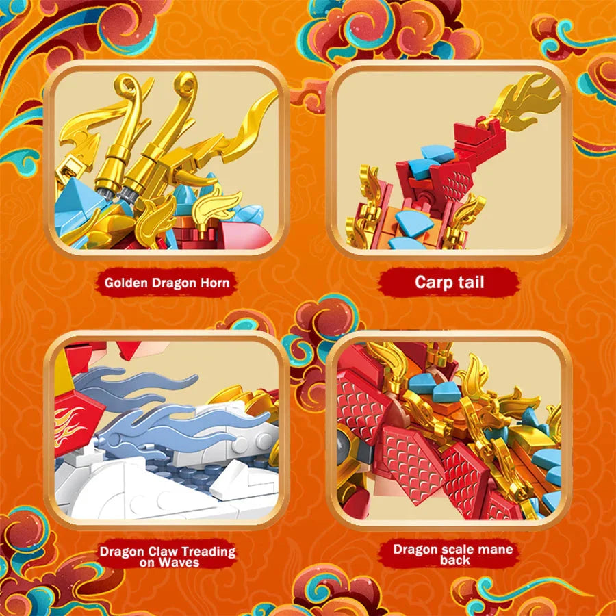 Chinese Lunar Red Blue-Tipped Dragon Building Blocks