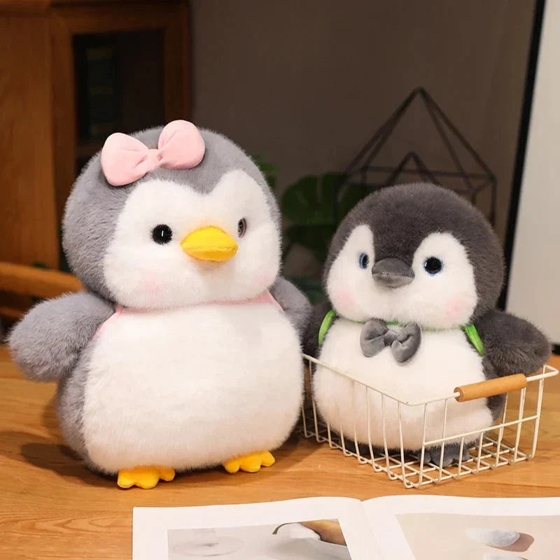 Fluffy Gray Penguin Plushie with Turtle Backpack