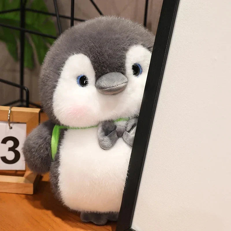 Fluffy Gray Penguin Plushie with Turtle Backpack