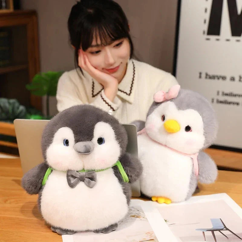 Fluffy Gray Penguin Plushie with Turtle Backpack