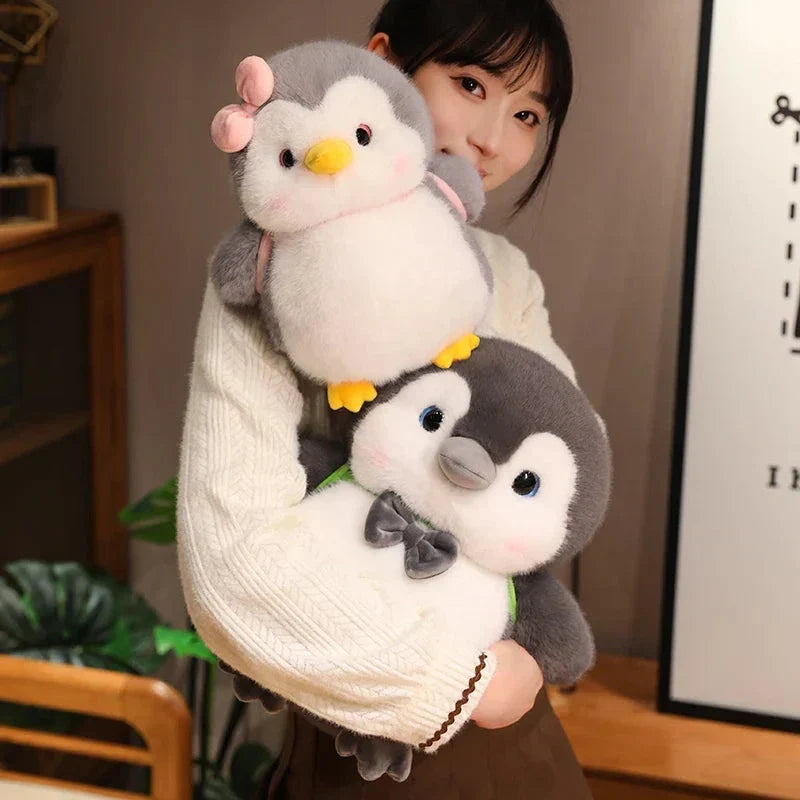 Fluffy Gray Penguin Plushie with Turtle Backpack