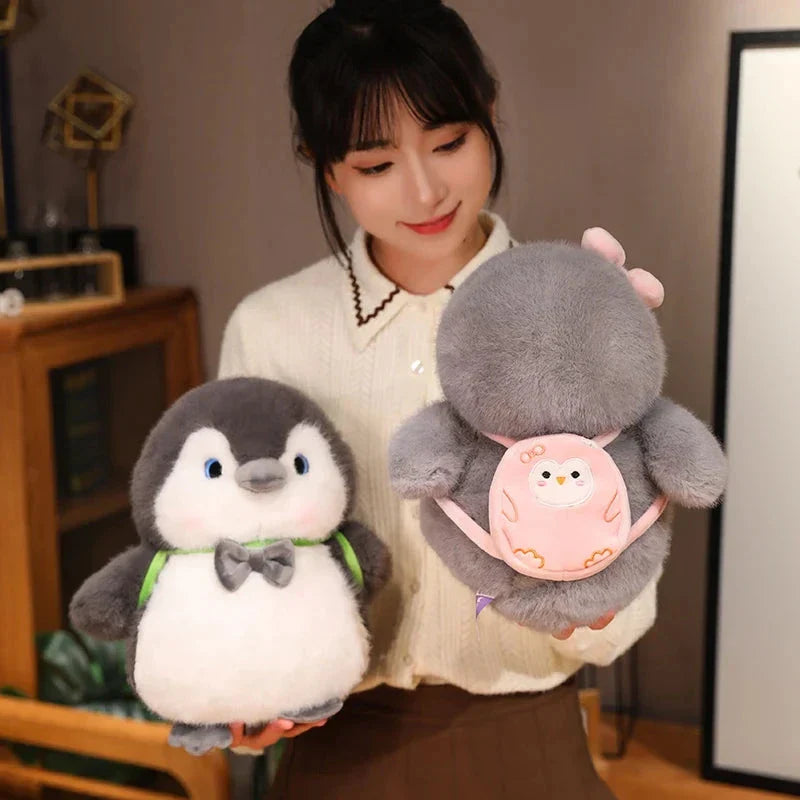 Fluffy Gray Penguin Plushie with Turtle Backpack