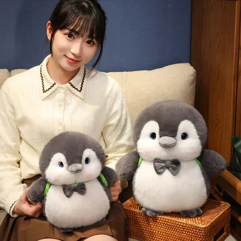 Fluffy Gray Penguin Plushie with Turtle Backpack