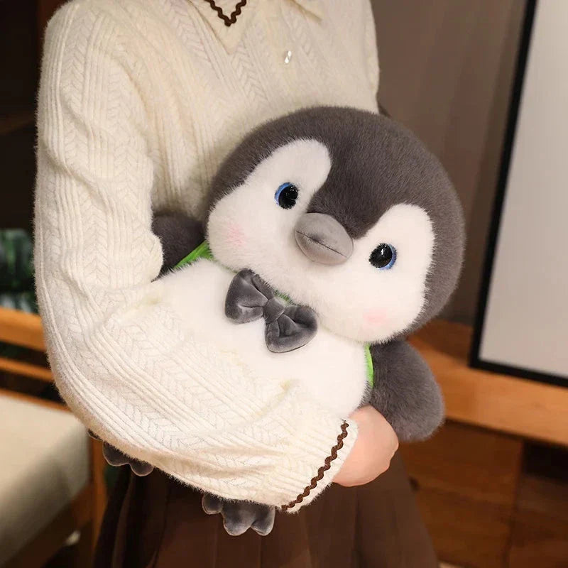 Fluffy Gray Penguin Plushie with Turtle Backpack