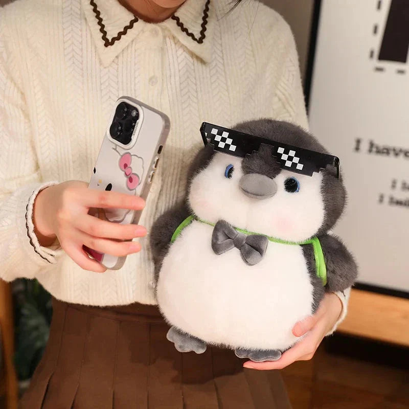 Fluffy Gray Penguin Plushie with Turtle Backpack