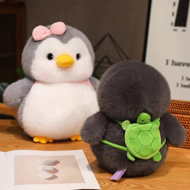 Fluffy Gray Penguin Plushie with Turtle Backpack