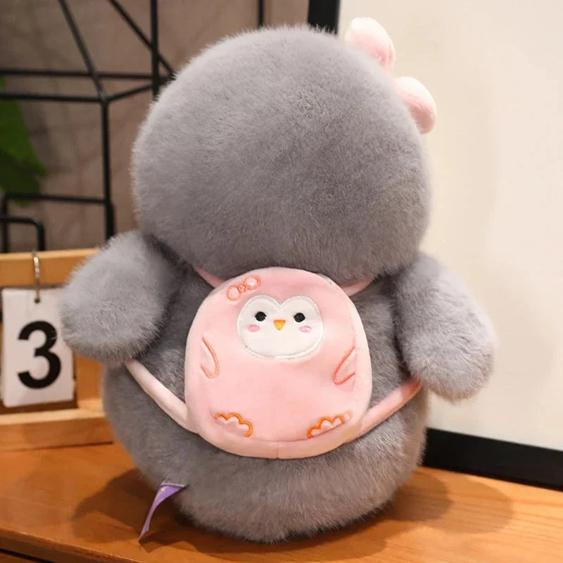 Fluffy Gray Penguin Plushie with Turtle Backpack