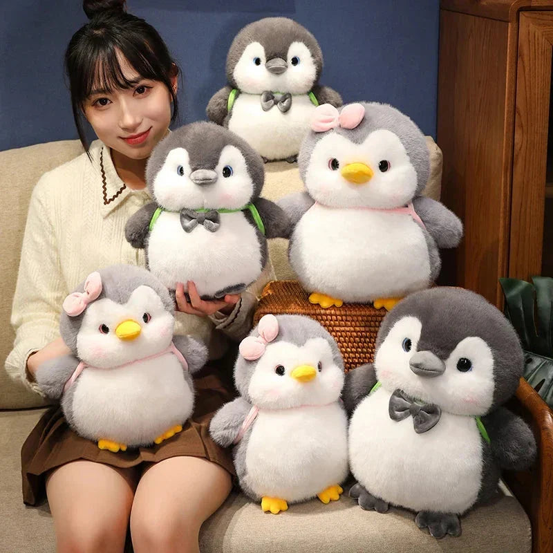 Fluffy Gray Penguin Plushie with Turtle Backpack