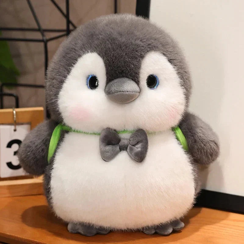 Fluffy Gray Penguin Plushie with Turtle Backpack