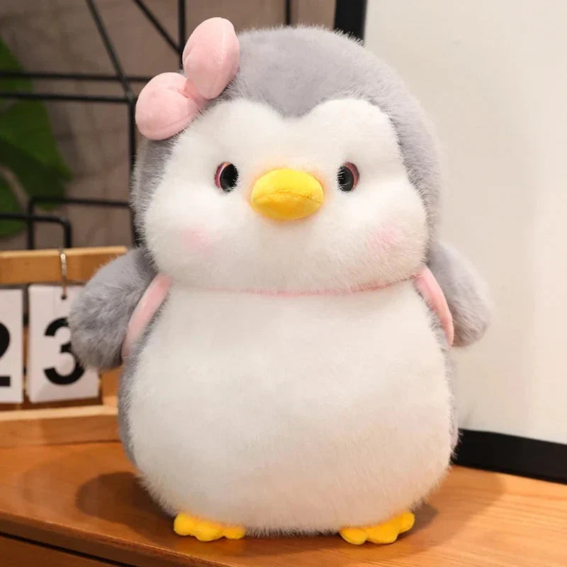 Fluffy Gray Penguin Plushie with Turtle Backpack