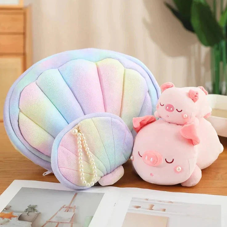 Jeju the Pig hiding in Shell Plushie