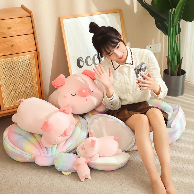 Jeju the Pig hiding in Shell Plushie