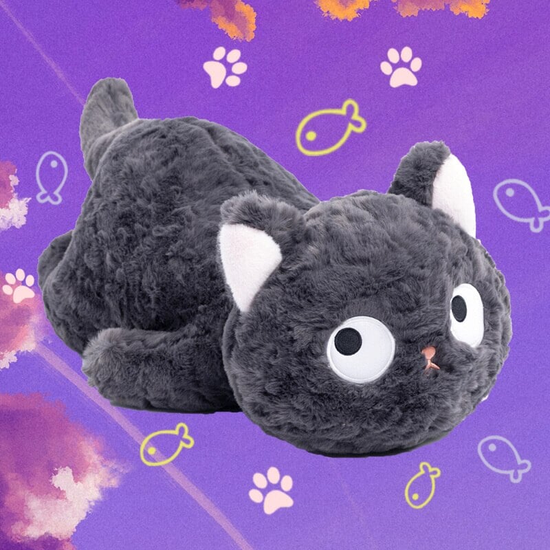 Jiji the Fluffy Black Cat Plushie Laying Down