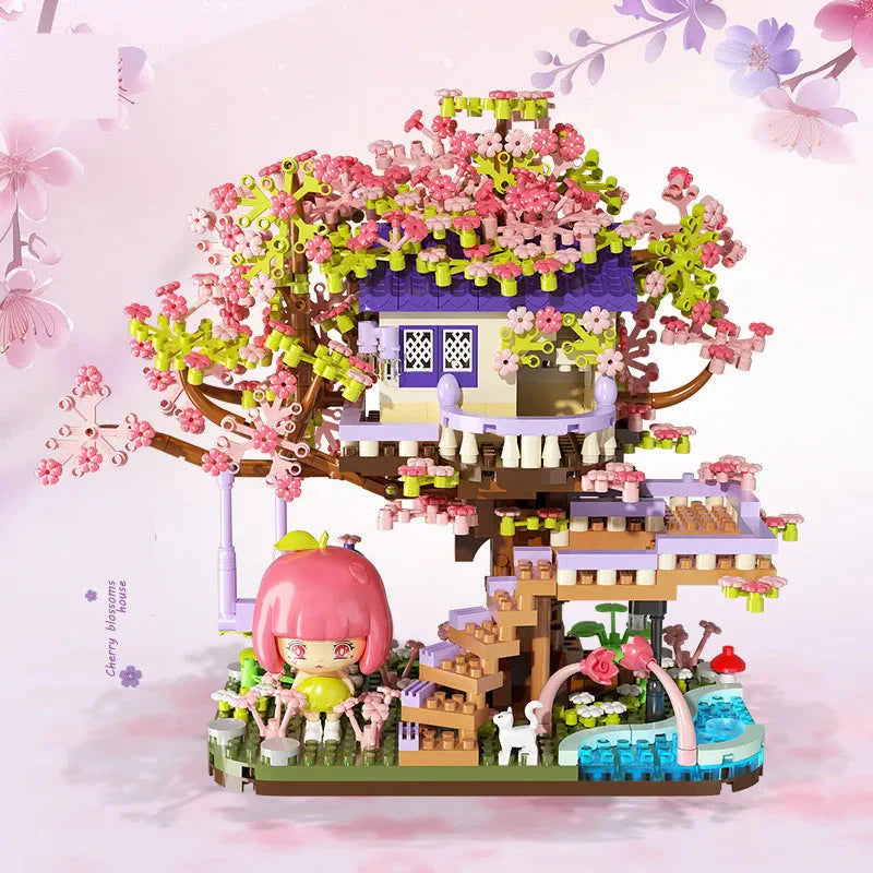 Kawaii Sakura Cherry Blossom Purple Tree House Nano Building Set