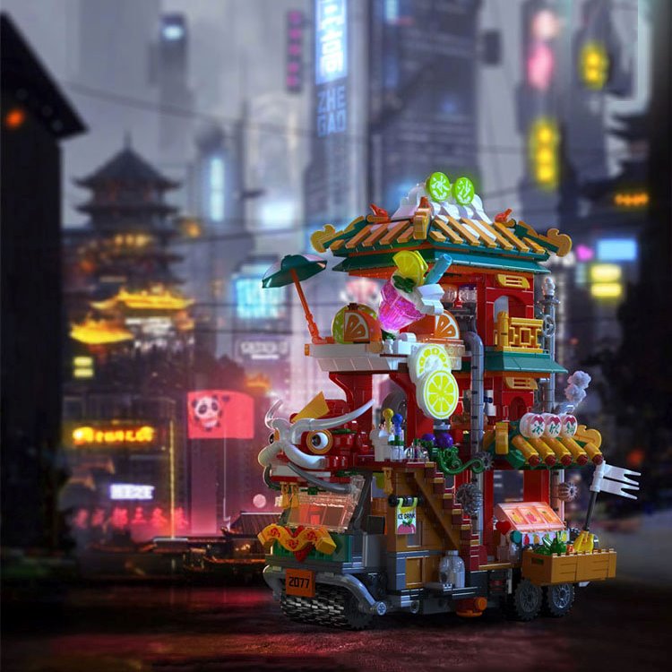 Lion Dance Street Truck Food Stall Micro Building Set