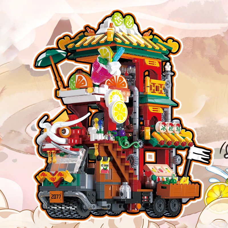 Lion Dance Street Truck Food Stall Micro Building Set