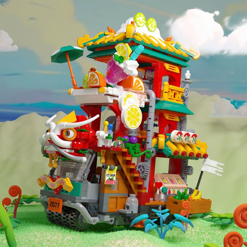 Lion Dance Street Truck Food Stall Micro Building Set