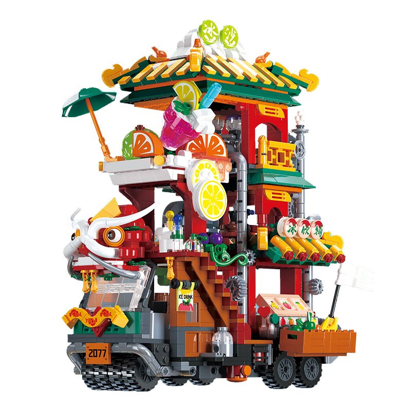 Lion Dance Street Truck Food Stall Micro Building Set