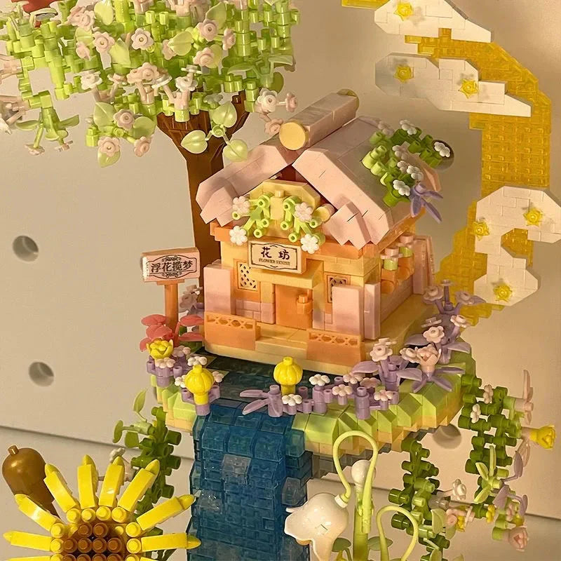 Romantic Waterfall Orchard Villa Micro Building Blocks With Light