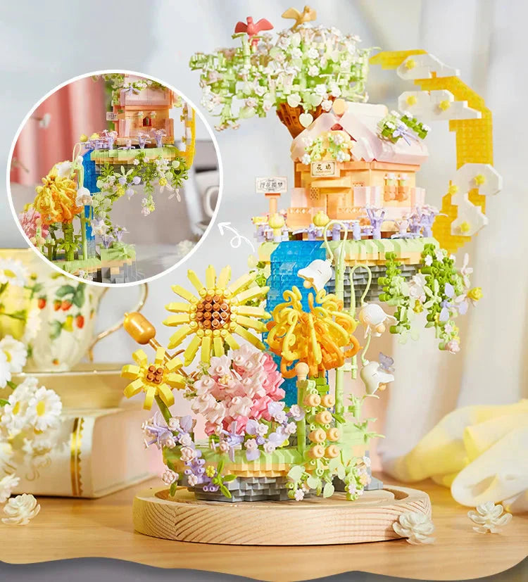 Romantic Waterfall Orchard Villa Micro Building Blocks With Light