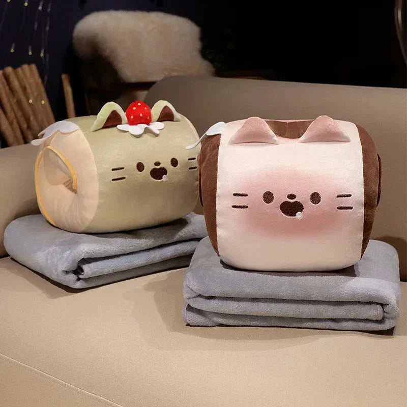 Soft Cat Swiss Roll Cake Handwarmer Plush with Blanket