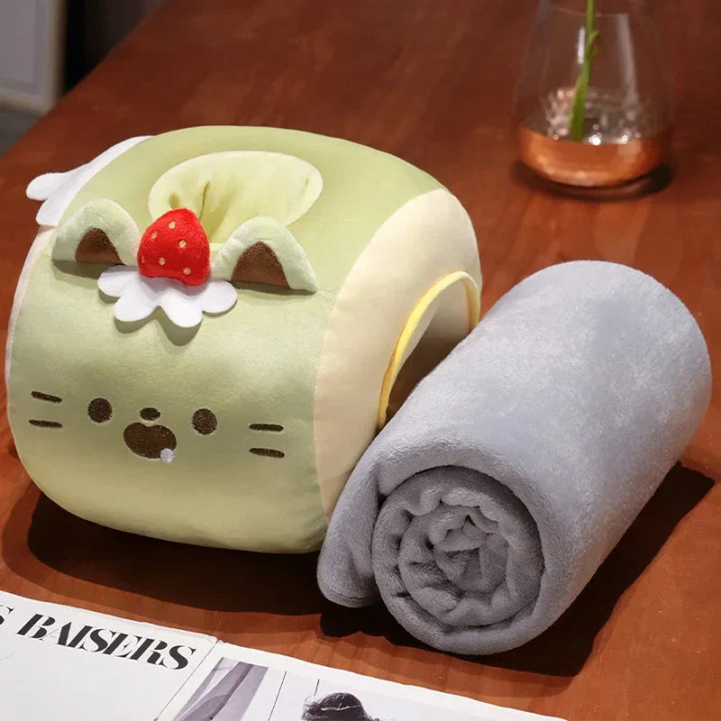 Soft Cat Swiss Roll Cake Handwarmer Plush with Blanket
