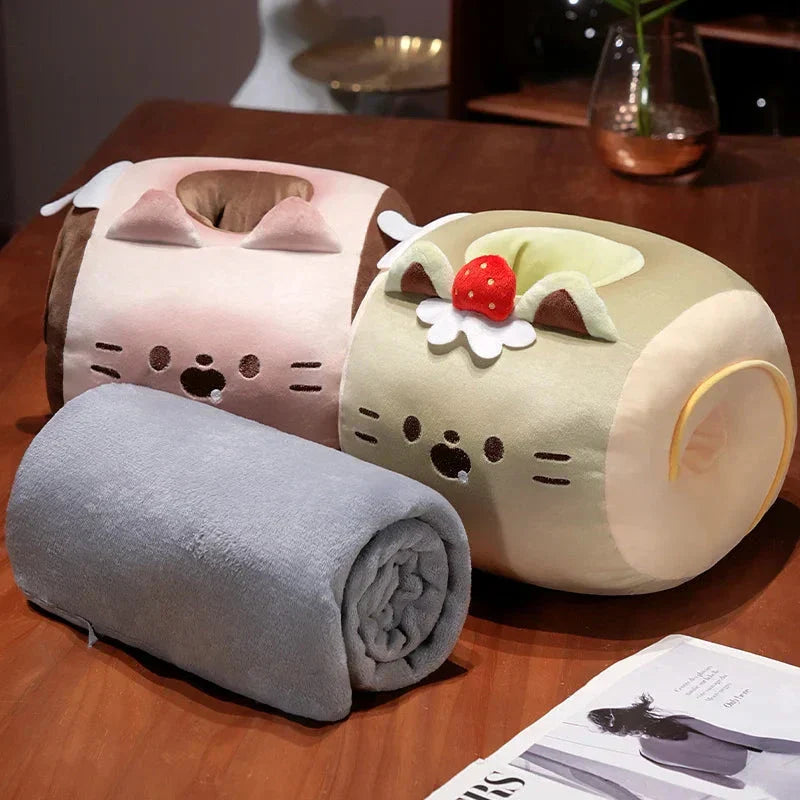Soft Cat Swiss Roll Cake Handwarmer Plush with Blanket