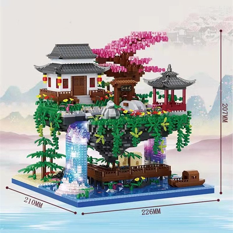 Waterfall Japanese House Sakura Tree Floating Island Nano Building Blocks | Limited Stock