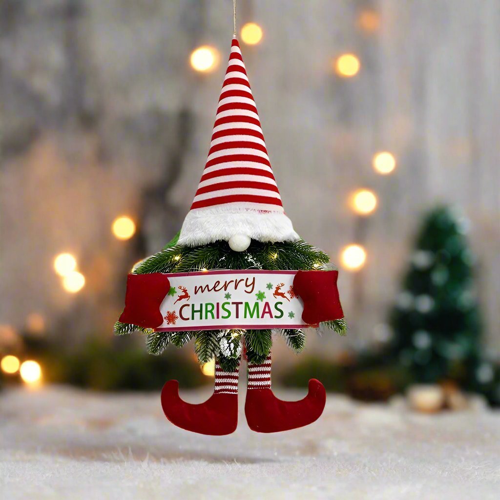 Santa Gnome with Christmas Wreath and Sparkling LED Lights – Perfect for Front Door, Wall, or Window Festive Magic