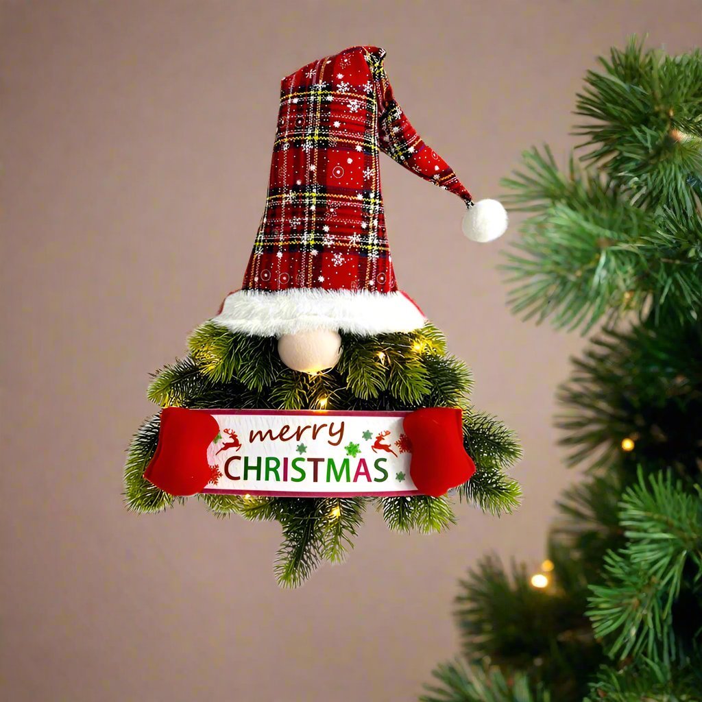 Santa Gnome with Christmas Wreath and Sparkling LED Lights – Perfect for Front Door, Wall, or Window Festive Magic