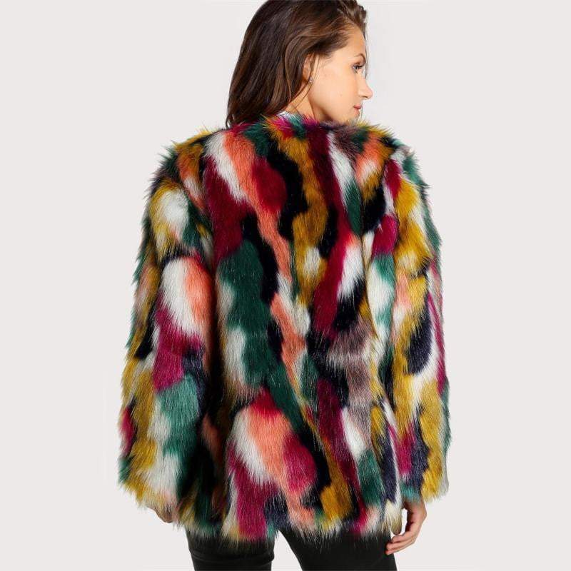Colorful Collarless Faux Fur Coats