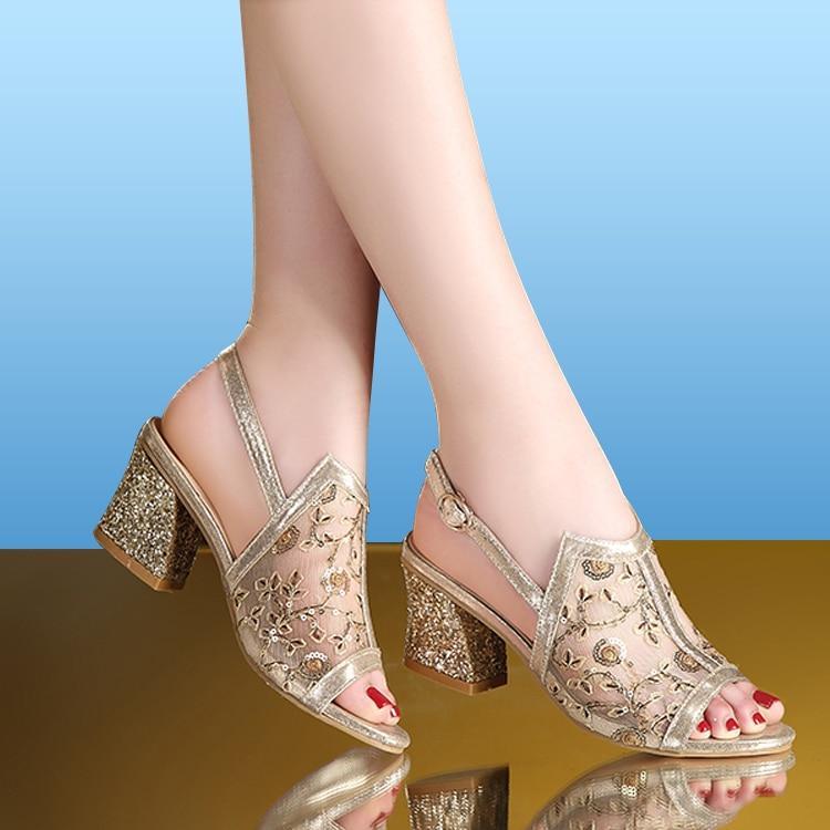 Woman Sandals Gold Open Toe Sandal Lace Dress Shoes