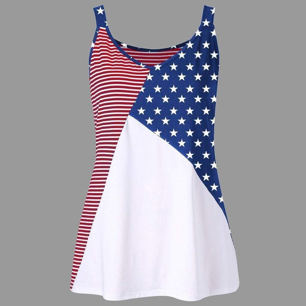 Fashion Women American Flag Print Striped Stars O-Neck Tank Tops Shirt Blouse Independence day