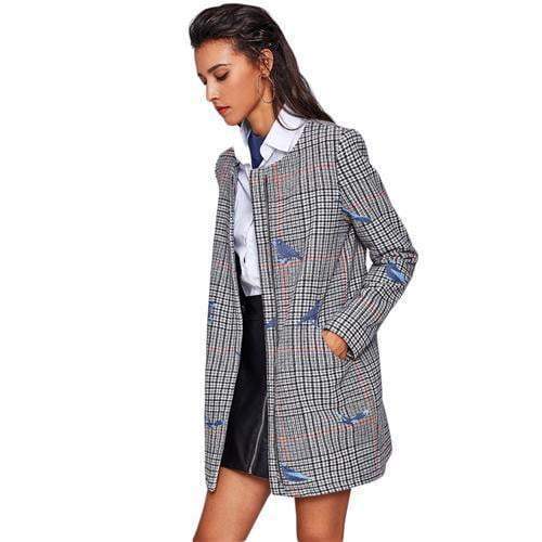 Bird Embroidered Hidden Zip Plaid Coat