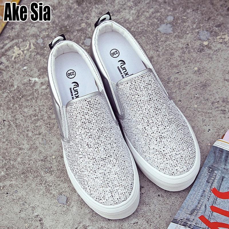 Female Women Mujer Fashion Rhinestone Paillette Adorn Plimsolls Heighten Thicken Soled Casual Moccasins Flat Shoes