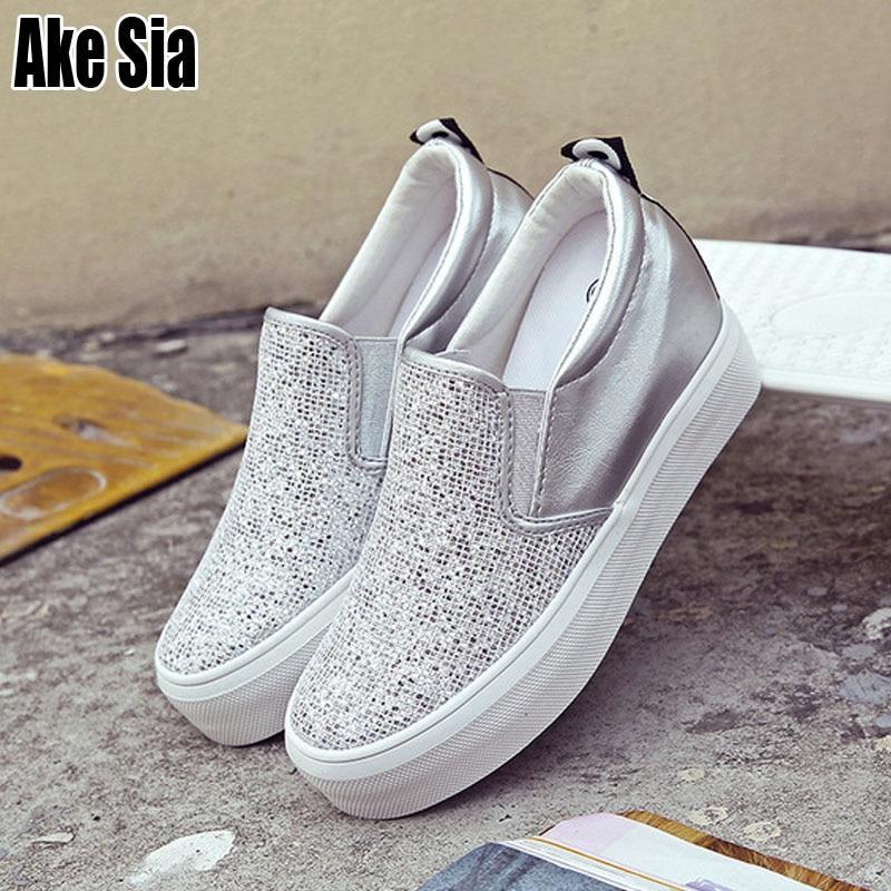 Female Women Mujer Fashion Rhinestone Paillette Adorn Plimsolls Heighten Thicken Soled Casual Moccasins Flat Shoes